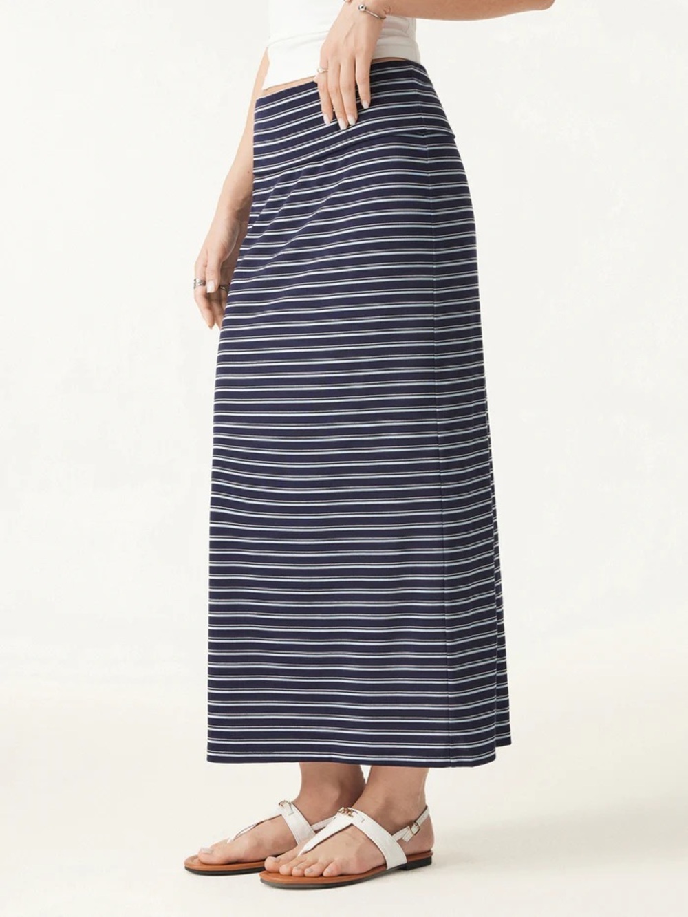 NWT Low Rise Folded Waist Striped Midi Skirt in white/maroon - Picture 6 of 6